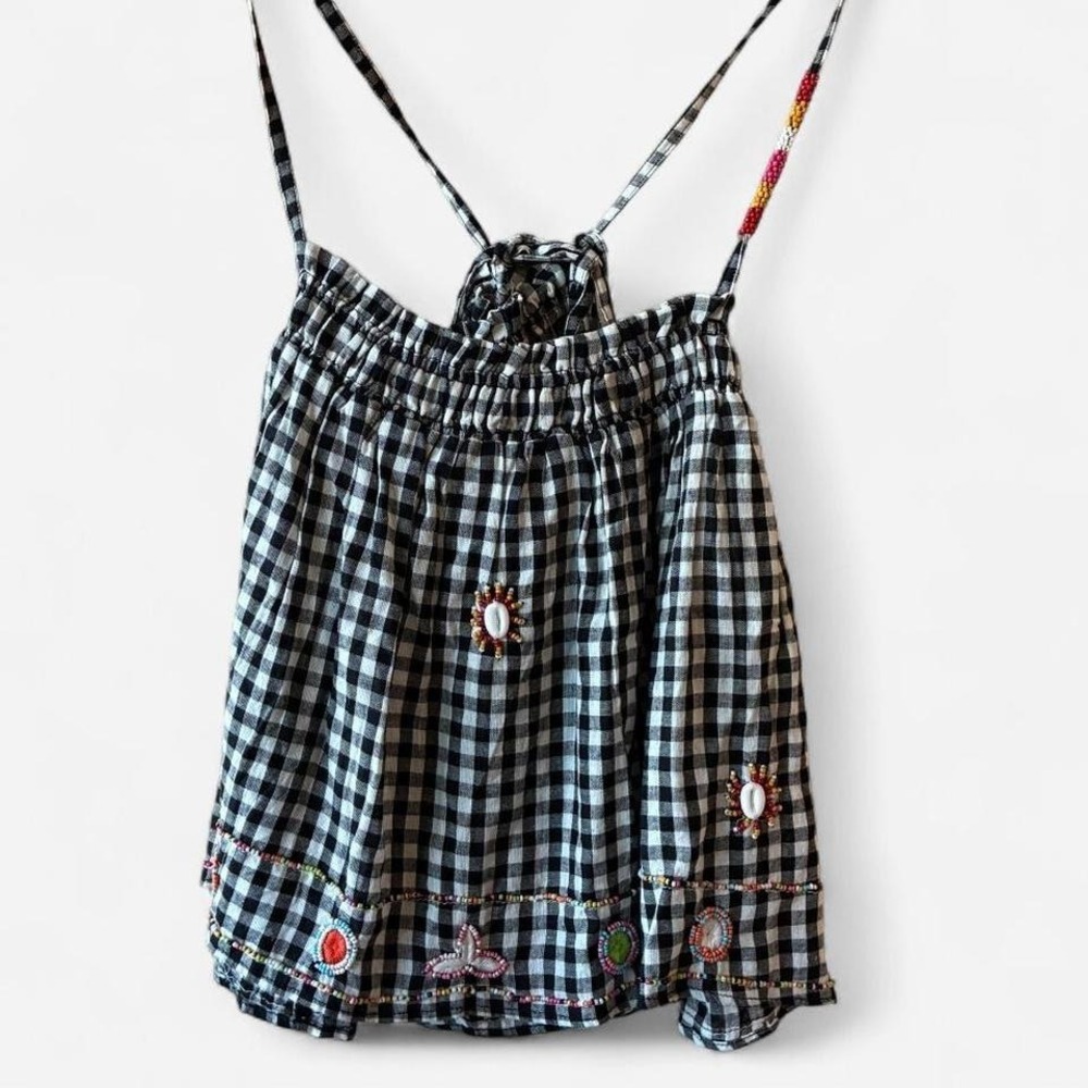 NWT Urban Outfitters Black/white gingham babydoll top w/ Beaded Embroidery Sz M